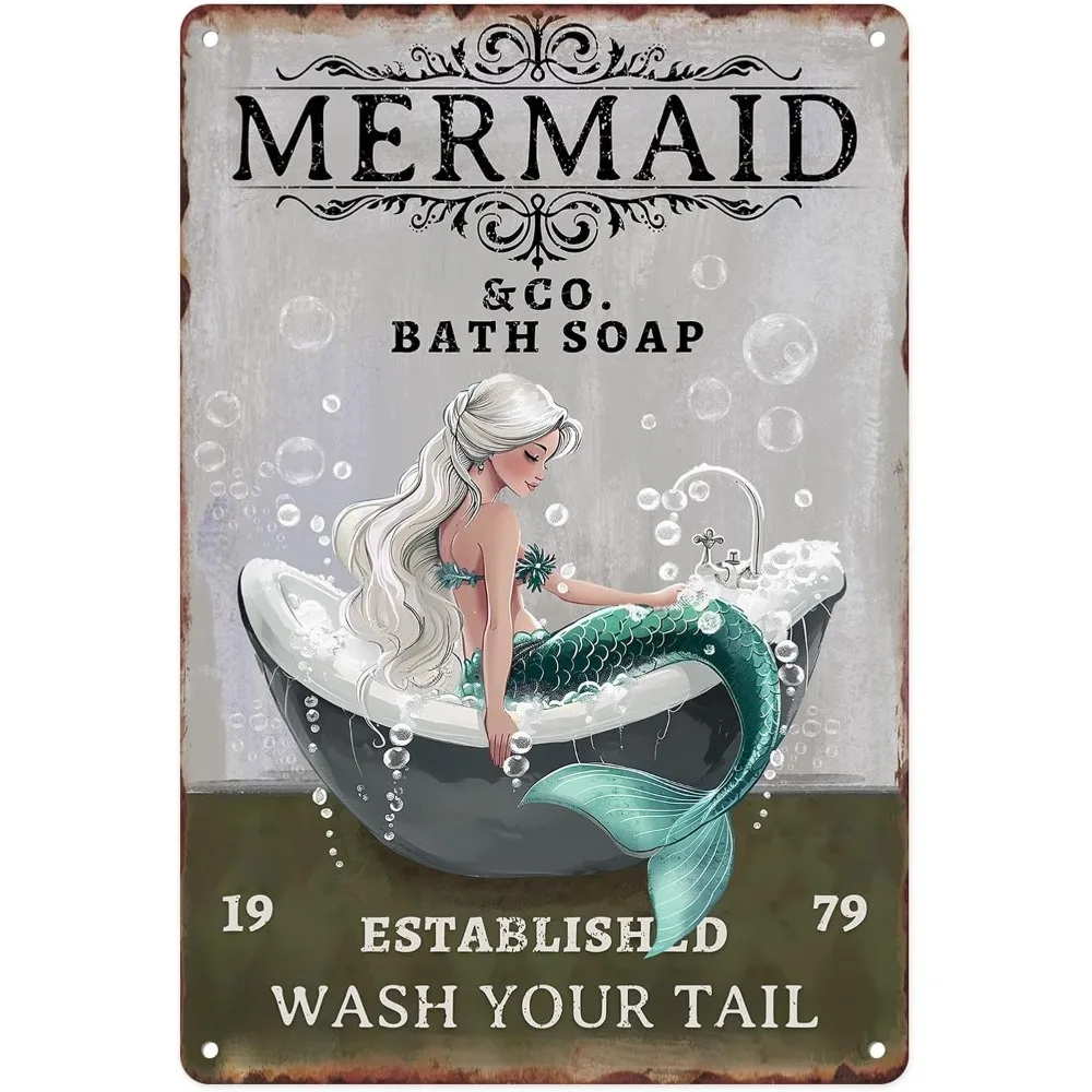 Letrero Metálico Vintage de Mermaid & Co para Baño - "Lava Tu Cola" - Placa Decorativa Retro para Pared de Baño