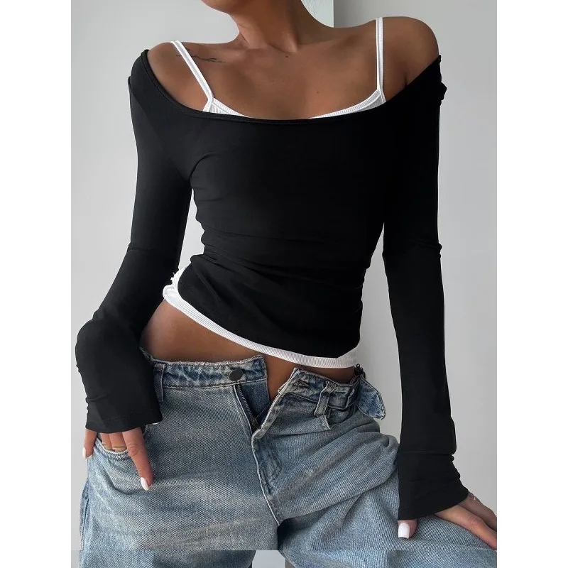 2025 Autumn New Patchwork Stylish Open Top T-Shirt Two-Piece Set Contrast Color Long Sleeve