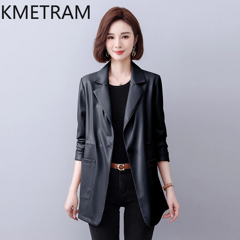 KMETRAM-Chaqueta de cuero de oveja Real para Mujer, abrigos de longitud media, traje coreano, alta calidad, otoño