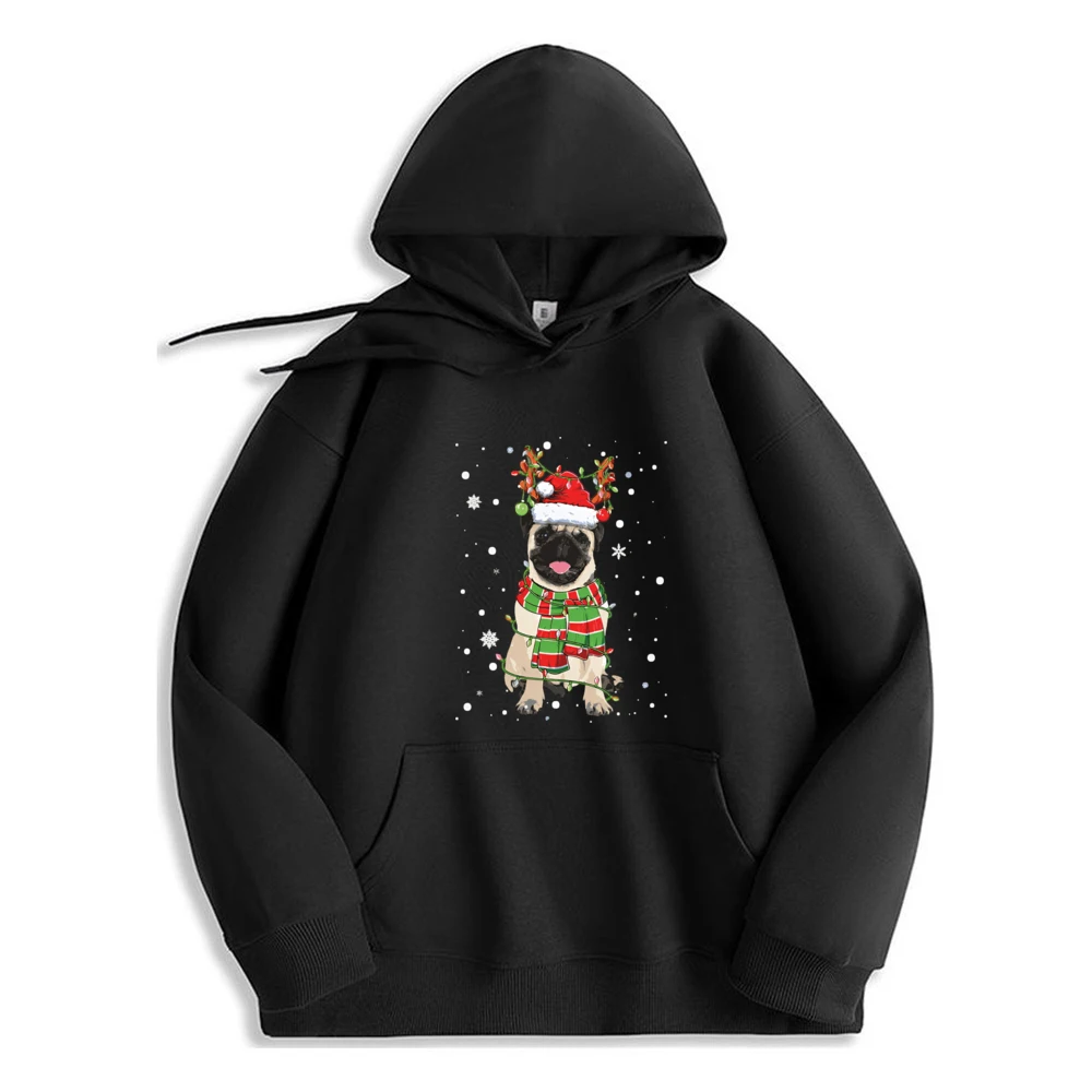 

Cute Pug Dog Christmas Lights Funny Xmas Hoodie Polyester Fiber Fashionable And Trendy Oversized Pullover