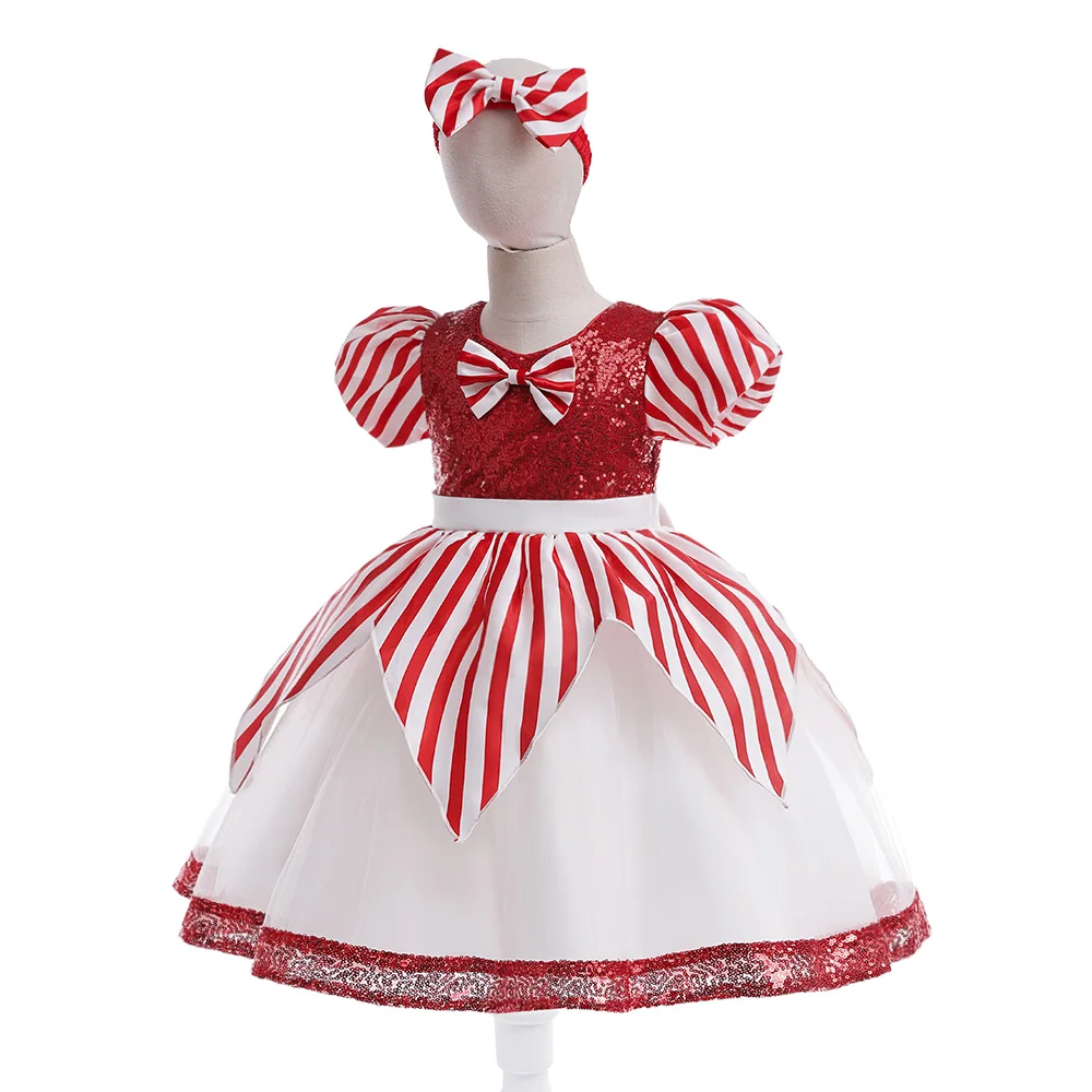 Red Striped Christmas Dresses for Girls Carnival Costume Big Bow Birthday Princess Girl Party Dress Wedding Bridesmaid Prom Gown