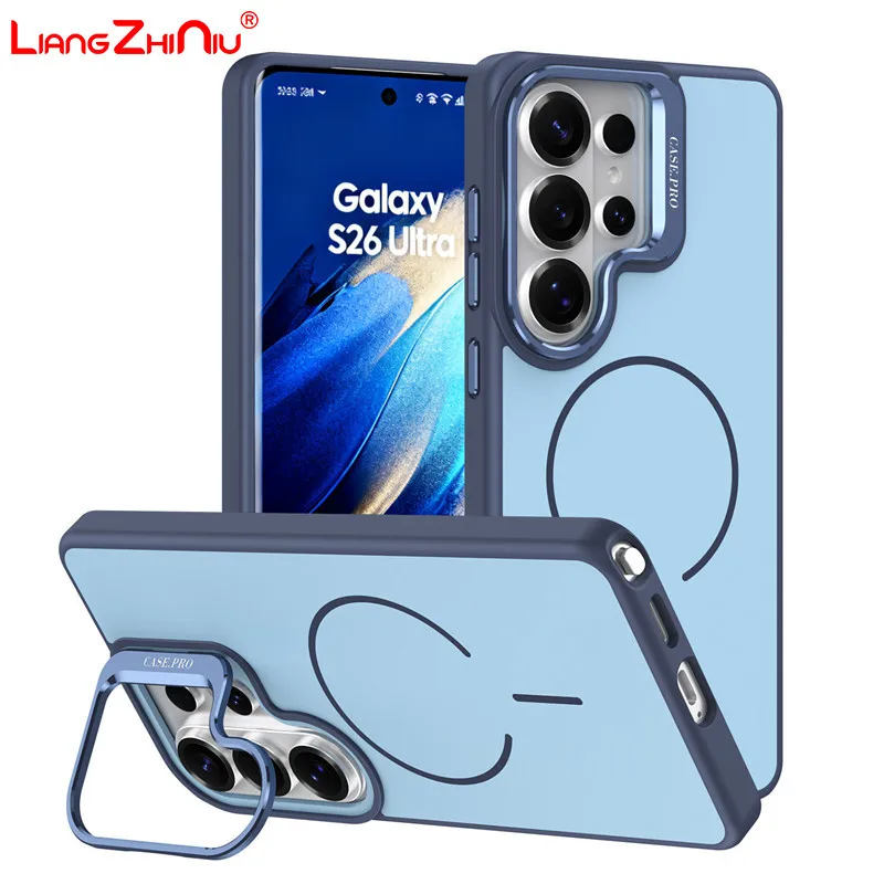 

Магнитный чехол для Samsung Galaxy S26 Ultra S25 Edge S24 FE S23 Plus с защитой объектива и подставкой, полностью закрывающий, противоударный защитный чехол