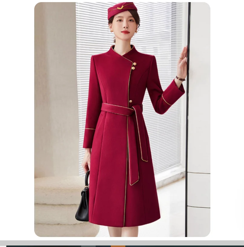 Winter style burgundy mid length jacket for slimming flight attendant uniform
