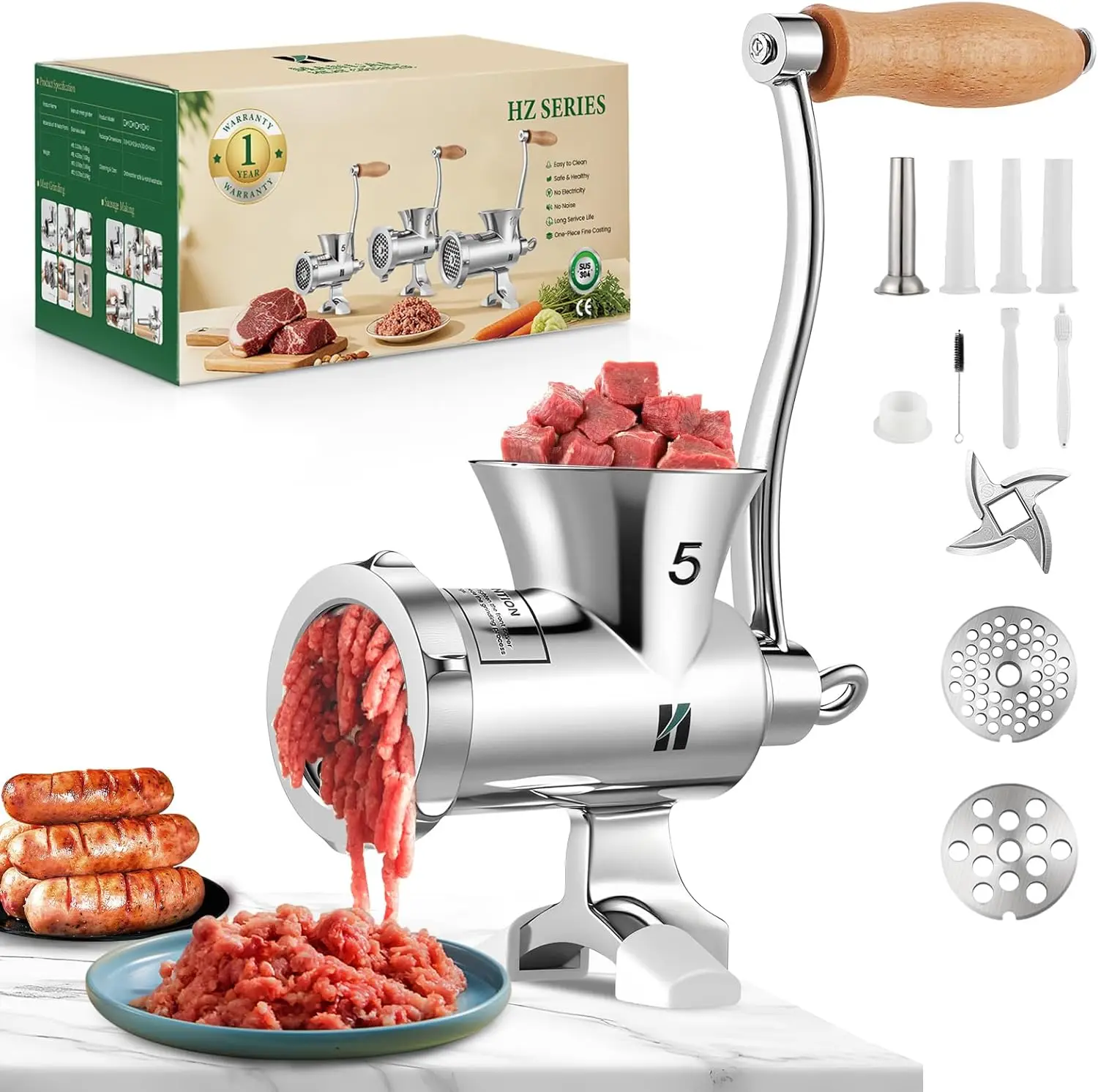

Heavy Duty Manual Meat Grinder with Sausage Tubes, Compact Table Clamp for Home Use - Chicken, Beef, Small Bones