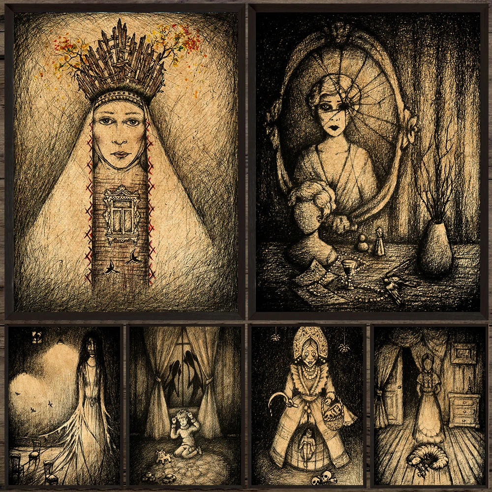 Macabre Nightmares Pencil Drawings Vintage Art Poster Print,Folkloric Horrors Gothic Wall Art Canvas Painting Home Decoration