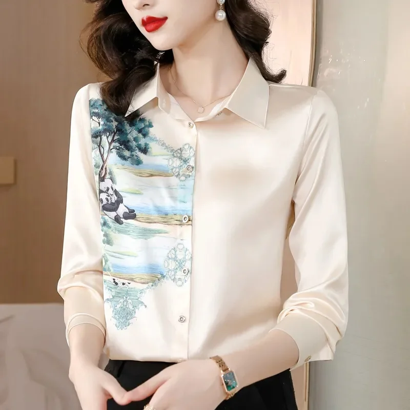 

Elegant Blend Silk Shirt Top Women's Long Sleeve Spring Autumn New Fashion Sunscreen Top Grade Ladies Outwear Shirt High Quality