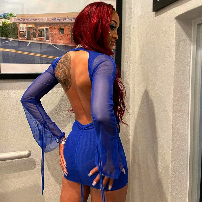 عميق الخامس خط العنق المنخفض مثير شبكة انظر من خلال عارية الذراعين كم طويل الرباط الصيف الصلبة Bodycon عناق الورك تنورة المرأة قطعتين مجموعة