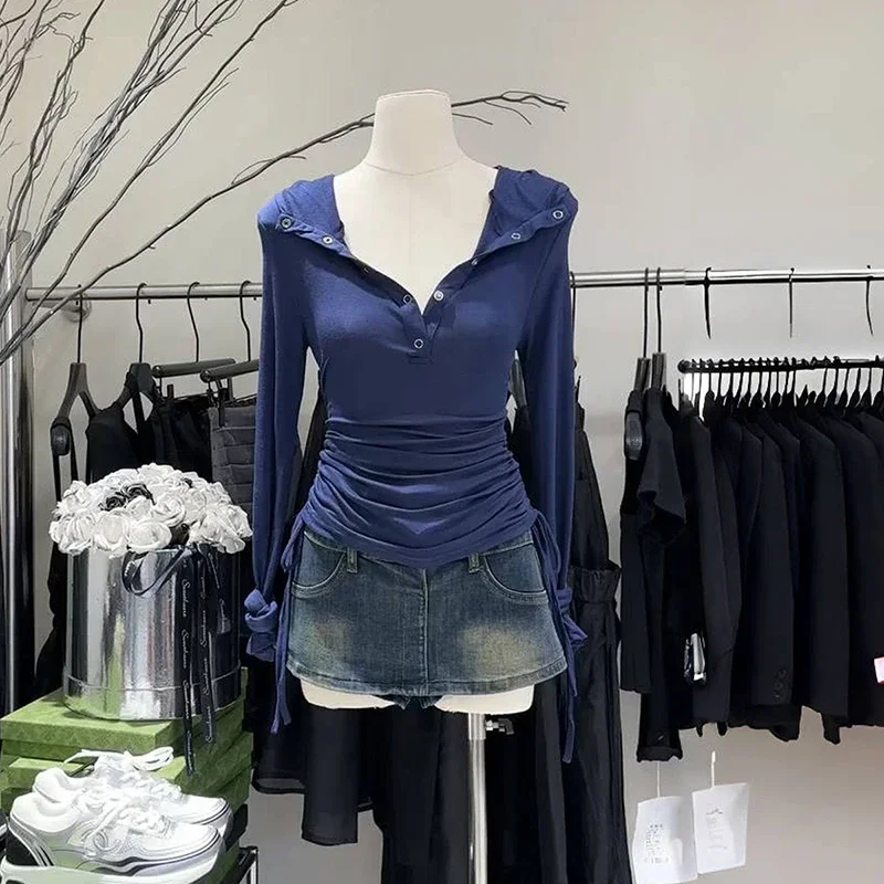 Camisa de manga larga de diseño coreano Chic para mujer, blusa básica sencilla y ajustada, camiseta informal de moda azul marino Ins