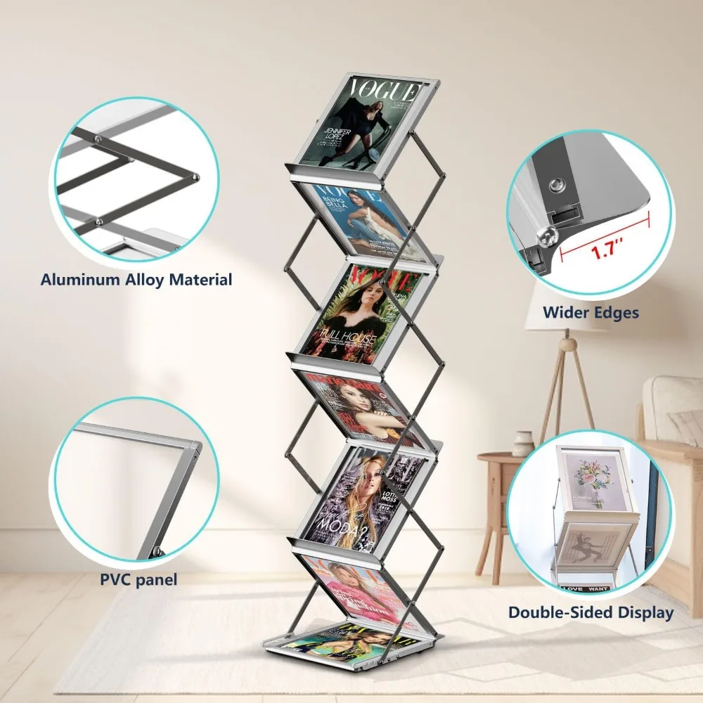 Folding Magazine Rack with 6 Pockets, Floor-Standing Exhibition Display Stand, Perfect for showcasing brochures, Magazines Racks