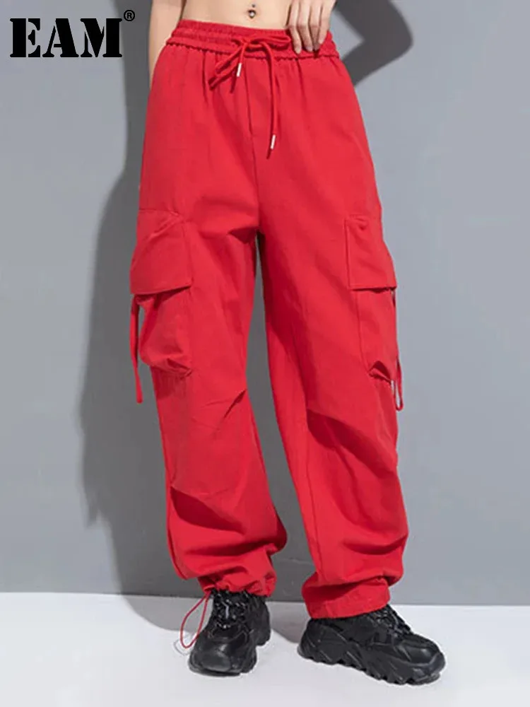 [EAM] High Elastic Waist Red Pocket Long Cargo Pants New Loose Fit Trousers Women Fashion Tide Spring Autumn 2025 1DH0997