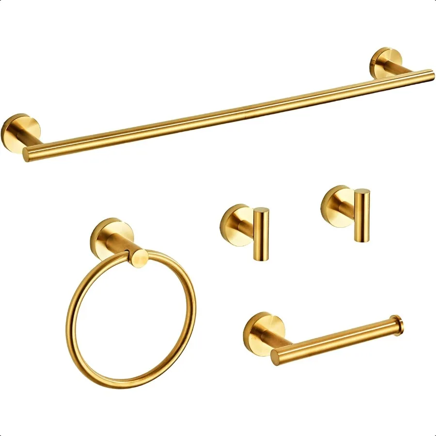 Brusehd Dark Gold Bathroom Hardware Set 5 Piece with Towel Racks for Bathroom SUS304 Stainl Steel Bath Towel Bar Set 24 Inch Wa