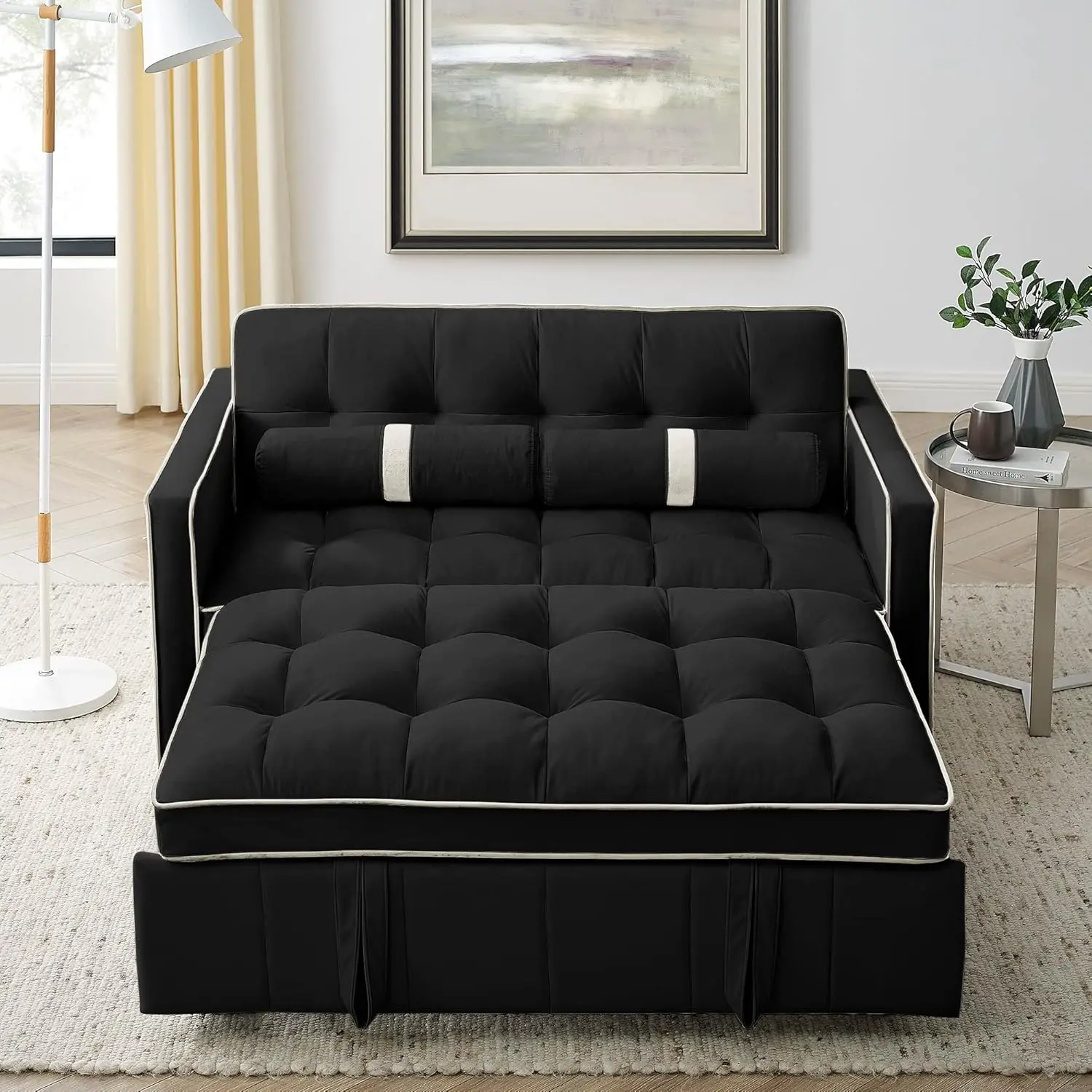 

Convertible Sleeper Sofa with Pull Side Pockets, Velvet Tufted Loveseat Couch Bed w