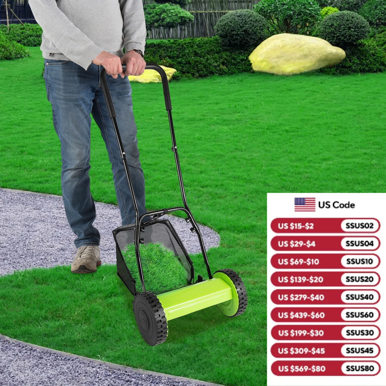 

12” Manual Push Reel Lawn Mower Push Lawn Sweeper with 23L Collection Bag, 5 Blades