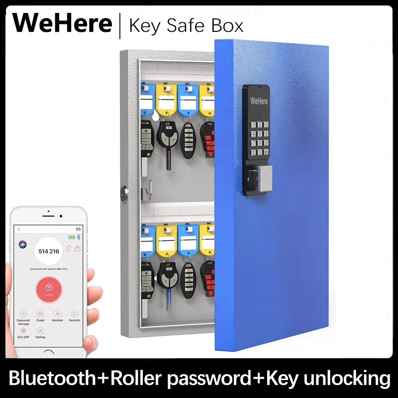 

WeHere 32 Key Lock Box, Intelligent Wall Mounted Key Storage Cabinet,OTP/APP Bluetooth/fixed Code Unlocking Key Management Safe