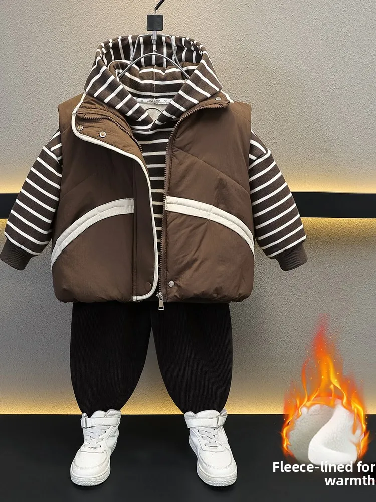 

Korean Sle Fce Lined Thiened Hooded Striped Tee Piece Set for Boys Warm Faionable Youth ular Cotton Clothes