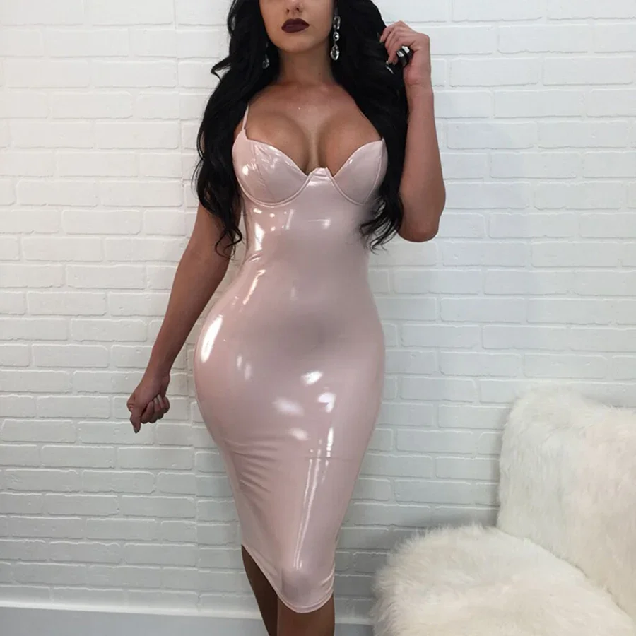 Women\'s PU Latex Glossy Bodycon Midi Dress, Sexy Club Robe, Hot, New, Summer, M-4XL