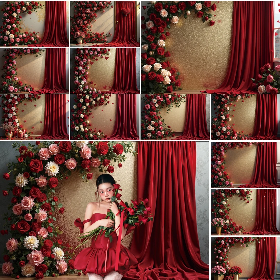 

MOON.QG February 14 Valentine's Day Backdrop Rose Flower Red Curtains Background Studio Photo Photobooth Photography Accessories