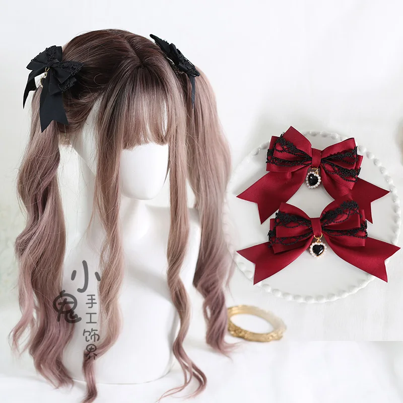 Originele Handgemaakte Lolita Dark Halloween Dubbele Haar Accessoire Voor Paardenstaart Dark Goth Kant Liefde Haarspeld Een Paar Hairclips