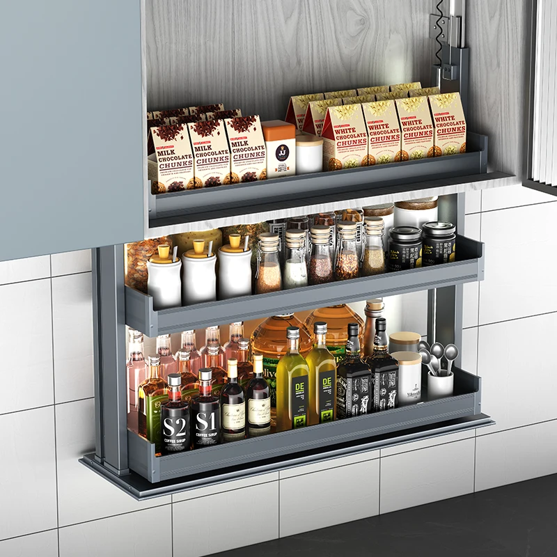 تاجر الجملة خزانة المطبخ الكهربائية تصميم مخصص الذكية رفع تخزين المطبخ 3 طبقات خزانة سلة الرفع التلقائي #5