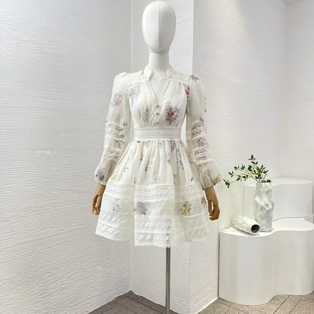 2024 seda nueva Lino Primavera Verano negro estampado Floral manga larga encaje Patchwork ahueca hacia fuera el Mini vestido blanco para las mujeres