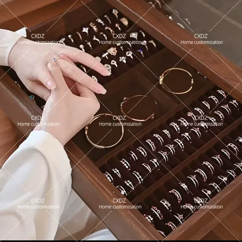 Black Walnut Jewelry Cabinet with Fingerprint Password Key Lock Floor to Ceiling Wooden Large Capacity Storage Organizer