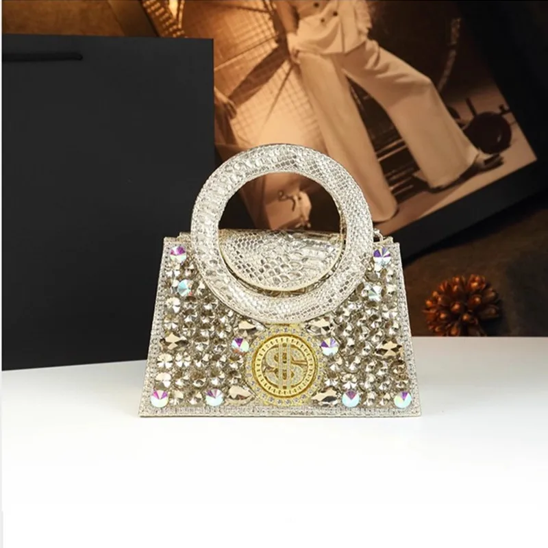 

2025 New Fashion Snake Pattern Round Handle Big Diamond Women Evening Clutch Bag Luxury Designer Dollar Handbags Shoulder Bag