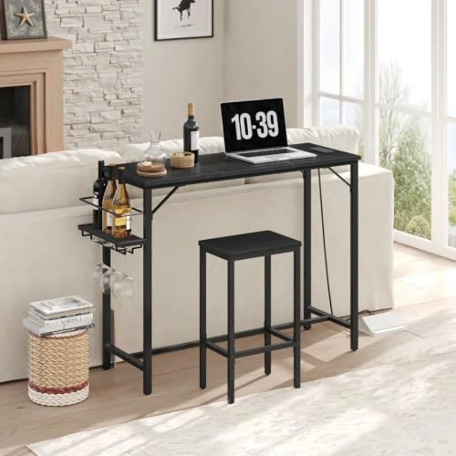 

Bar Table, 35.4-Inch Counter Height Pub Table with Charging Station, Rectangular Dining Table with Wine Rack and Glass Holder,