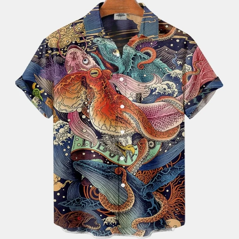 2024 Hawaiian 3D Men's Shirt Koi Floral Casual Social Summer News Short Sleeve Street Carp Luxury Blouse Outdoor Clothes Top Fit