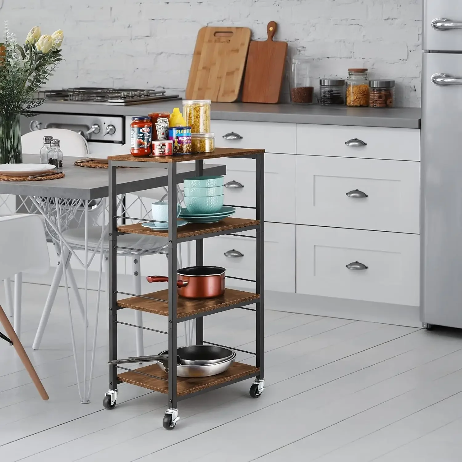 Kitchen Island Cart Utility on Wheels Rolling Cart with Storage Organizer 4-Tier Farmhouse Serving Cart Stand