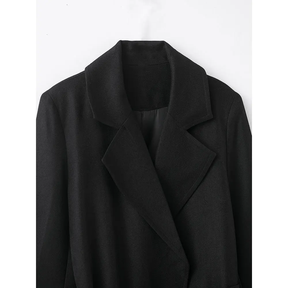 DUOPERI Fashion Wanita dengan Saku Sabuk Jaket Trench Hitam Kasual Kerah Lapel Lengan Panjang Wanita Elegan Chic Pakaian Wanita