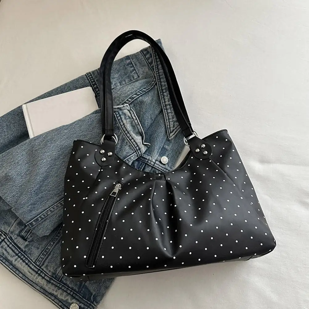 Damen-Umhängetasche, Vintage-Polka-Dot-Design, Pendler-Tragetasche, große Kapazität, PU-Leder-Handtasche, Unterarmtasche für Schule, Büro und den täglichen Gebrauch. – Detail 11