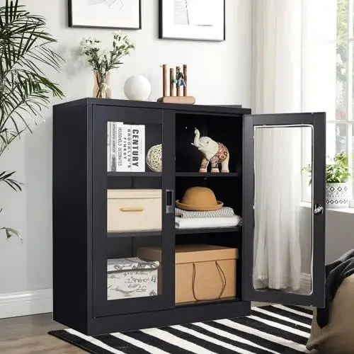 Black Metal Storage Cabinet with Doors and Shelves,36 inch Locking Display Cabinet with Acrylic Doors,Office Cabinets view 2