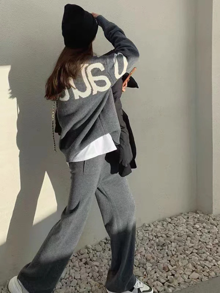 2Pcs Casual Knitted Wide Leg Pant Suit Women\'s Personality Letter Printing Versatile Loose Long Sleeved O-Neck Pullover Sweater