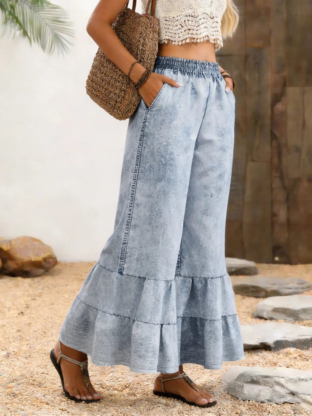 Pantalones Anchos de Mezclilla con Estampado Tie Dye para Mujer, Pantalones Palazzo con Cintura Alta Elástica y Dobladillo con Volantes, Pantalones Largos Casuales de Playa para Verano