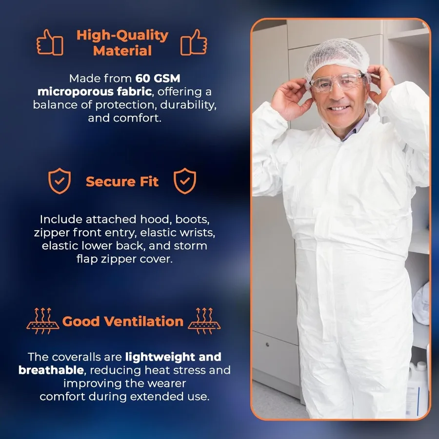 بدلات Hazmat البيضاء حزمة كبيرة مكونة من 5 أغطية مقاومة للماء للاستعمال مرة واحدة مع غطاء محرك السيارة وأحذية مرنة للمعصمين وسحاب مقاوم للتمزق 60