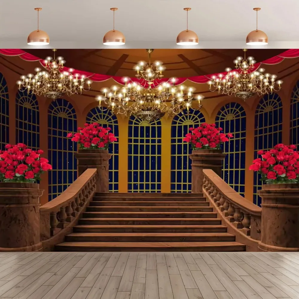 

Red carpet staircase party shooting background, castle palace banquet hall wedding scene decoration banner shooting background