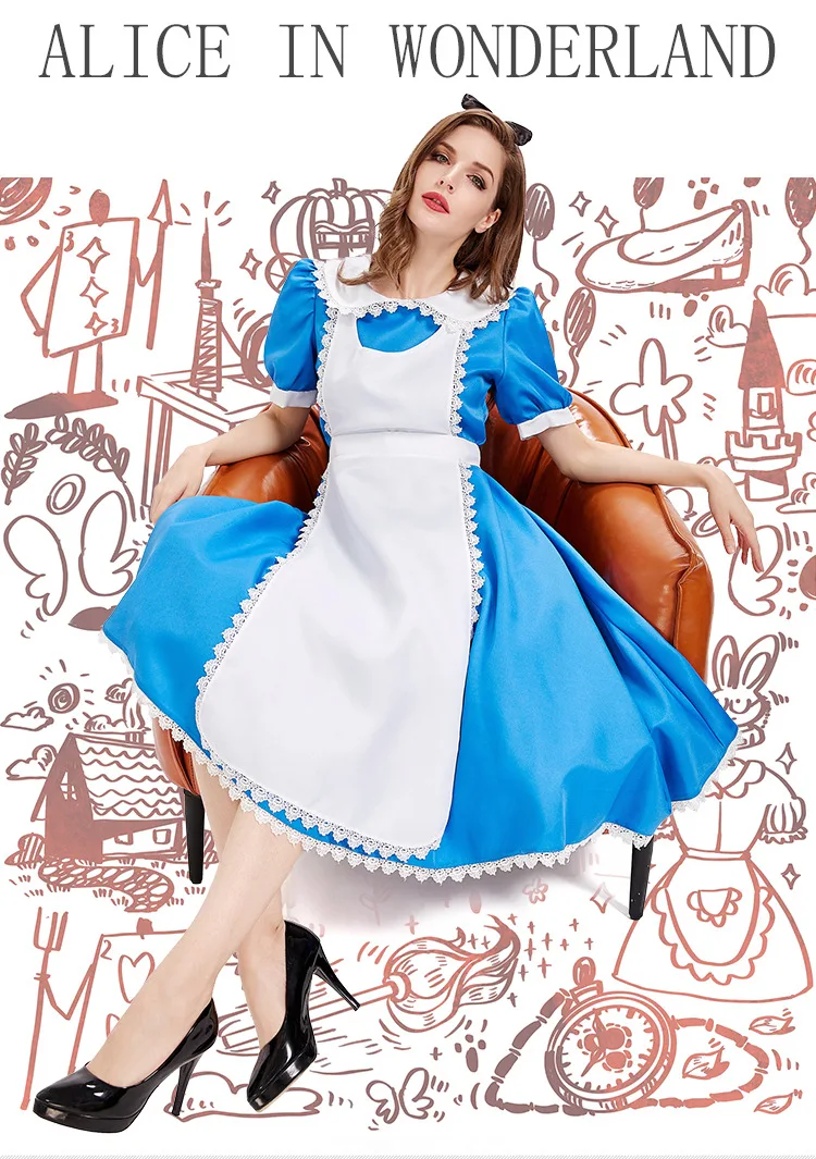 

Short Sleeve Blue Sexy Maid Dress with Apron Alice in Wonderland Halloween Adult Women Fairy Outfits Party Cosplay Costume