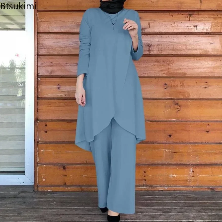 2024 Moslim Sets Damesmode Asymmetrische Blouse Met Wijde Pijpen Broek Casual Pakken Dubai Turkey Matching Sets Dames Outfits