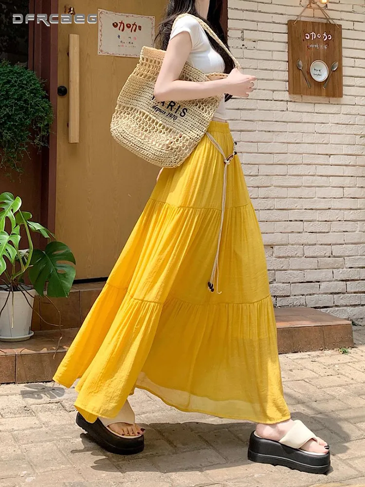 

Длинная юбка в богемном стиле из хлопка и льна с рюшами и завязками, свободного кроя, миди, для пляжа