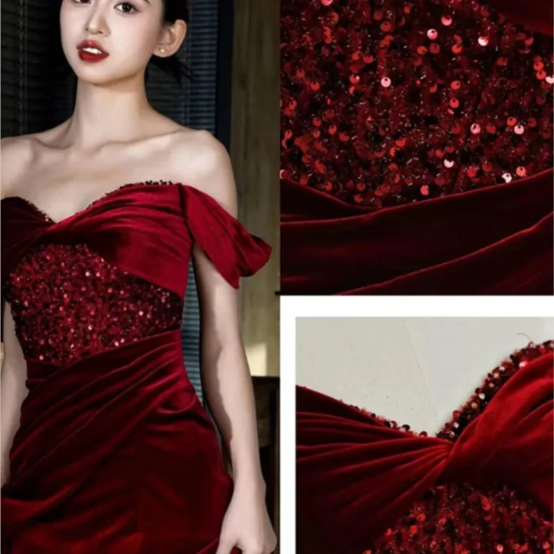 Fish tail Toast wine red one-line shoulder velvet sequin atmospheric dress for women