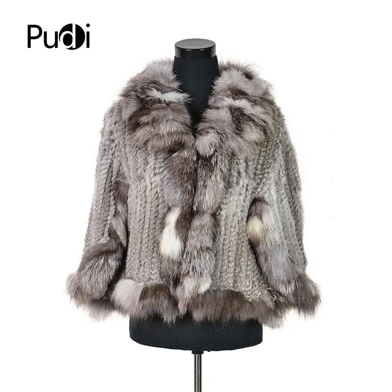 

CK709 NEW Real Rabbit Fur Knitted Shawls /poncho With Real Fox Fur Collar Women's Fashion Solid Scarves & Wraps