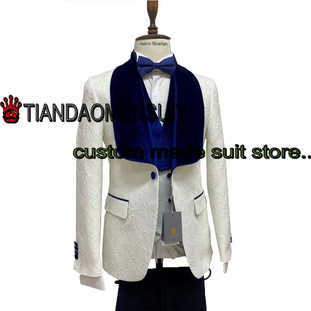 

White Jacquard Jacket Men's Suit Wedding Tuxedo Three Piece Velvet Collar Blazer Set Groomsmen Dress costume homme