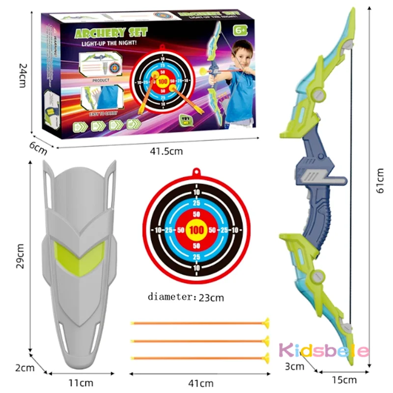 어린이 양궁 세트 LED 조명 활 및 화살표 대상 및 방패 사냥 소년 소녀를위한 장난감 여름 야외 스포츠 게임 6+