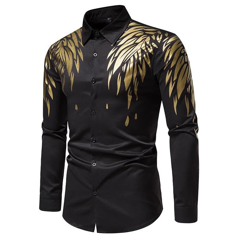 Men\'s shirt casual and comfortable gold wing floral print shirt 2024 hot selling slim long sleeve formal shirt business fashion