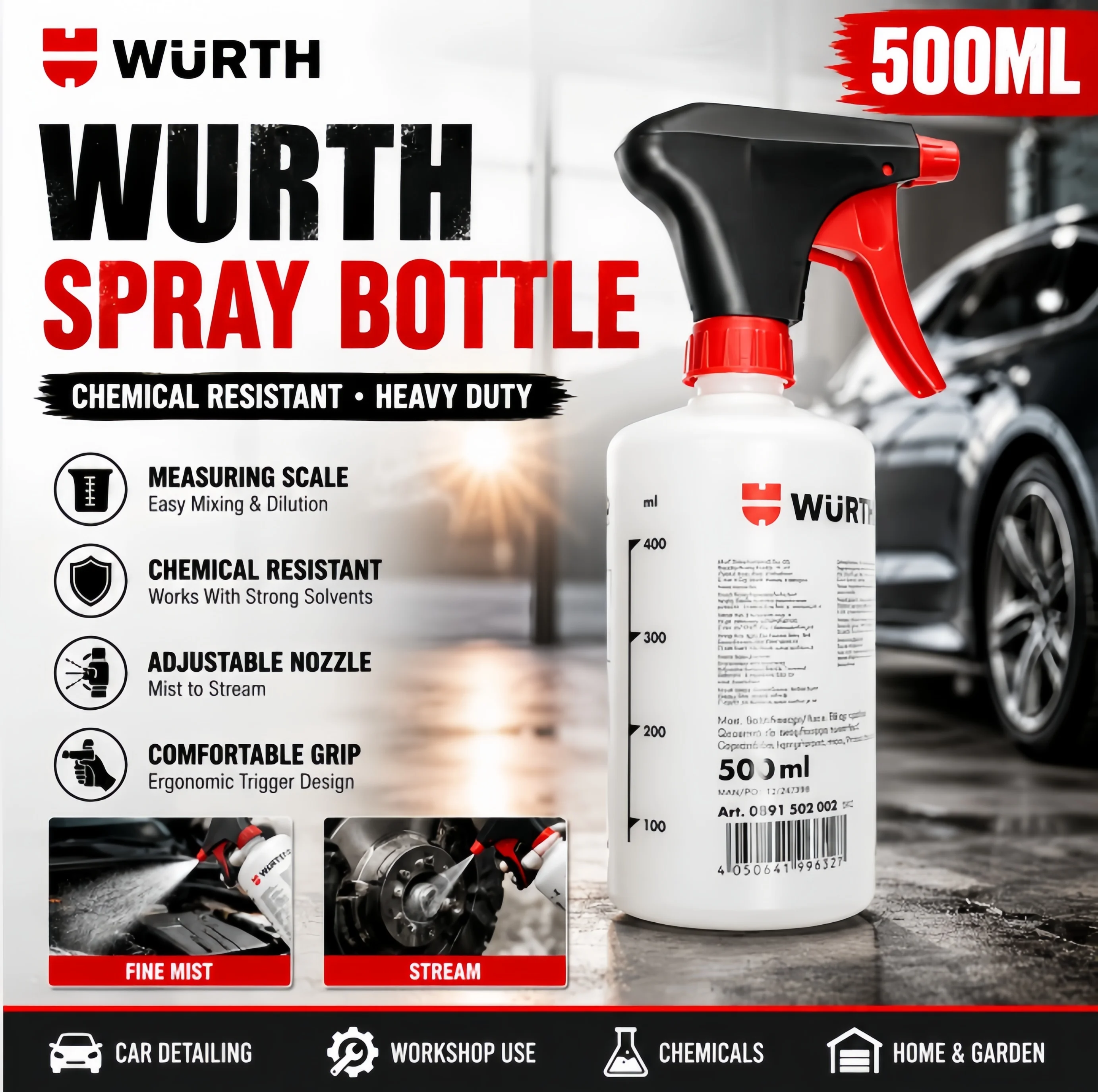 Original Wurth 500ml Trigger Spray Bottle Chemical Resistant Pump Sprayer for Car Cleaning Detailing