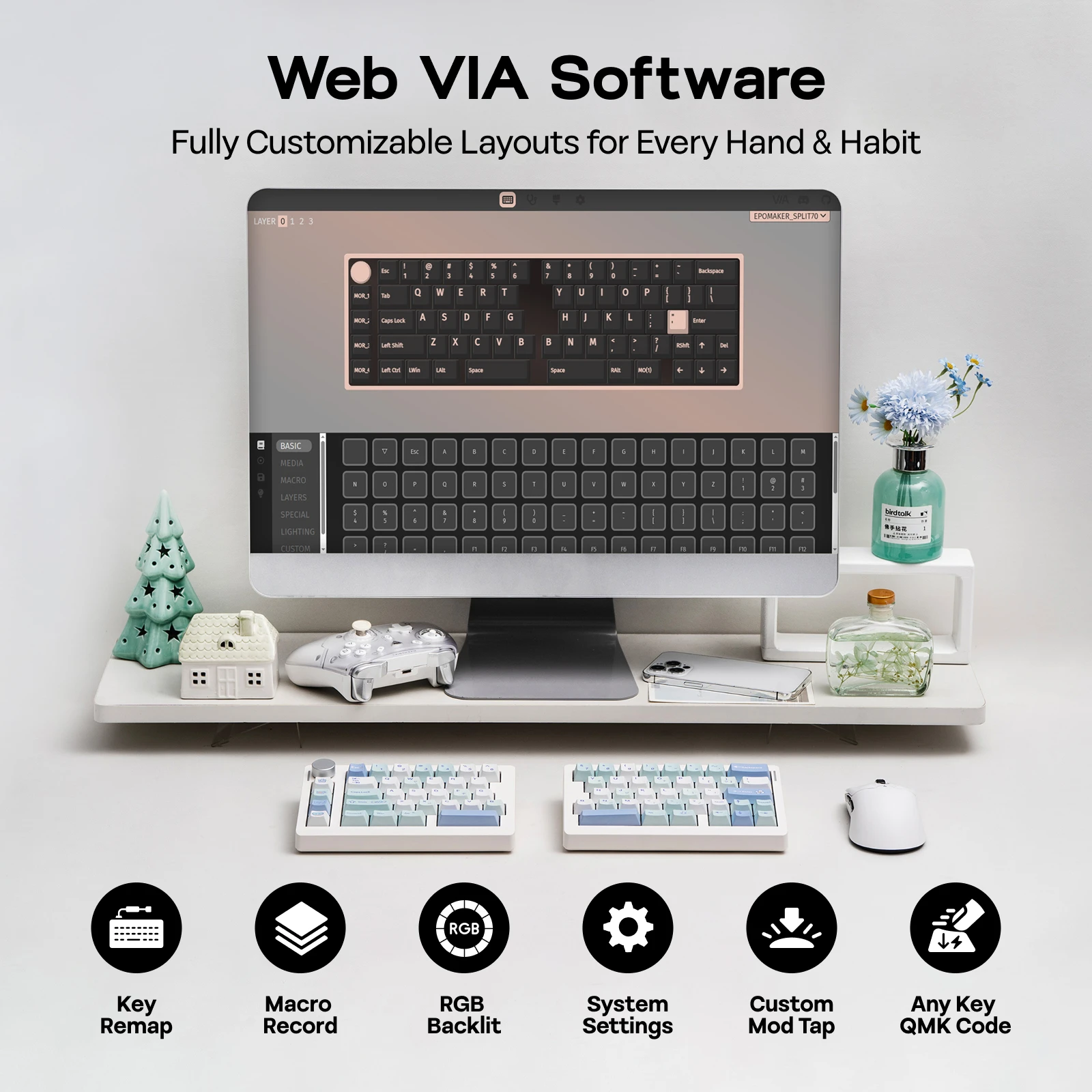 EPOMAKER Split70 QMK/VIA 70% Rozkładana Klawiatura Mechaniczna Gamingowa z Możliwością Hot-Swap, Przewodowa/BT/Bezprzewodowa 2.4Ghz z Programowalnym Pokrętłem — zdjęcie produktu 3