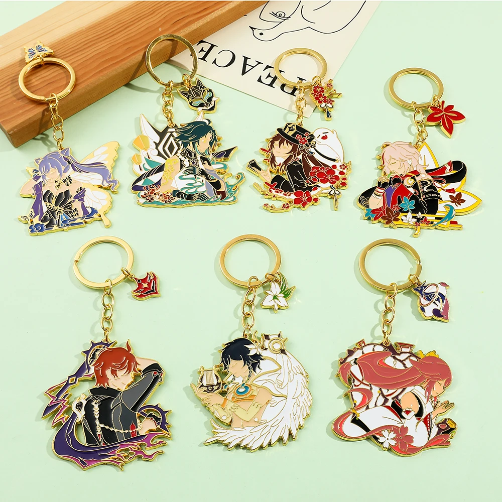 Anime Game Genshin Impact Figure Keychain Hu Tao Tartaglia Enamel Pendant Keyrings for Backpack Car Key Accessories