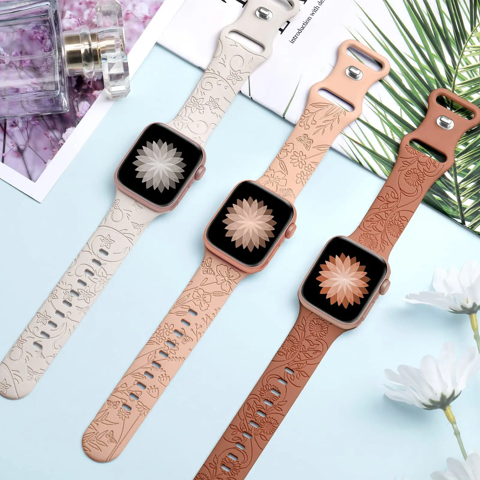 Floral Engraved Strap For Apple Watch Band 44mm 40mm 41mm 49mm 45mm 38mm 42mm silicone bracelet iwatch series 9 7 se 6 8 ultra 2