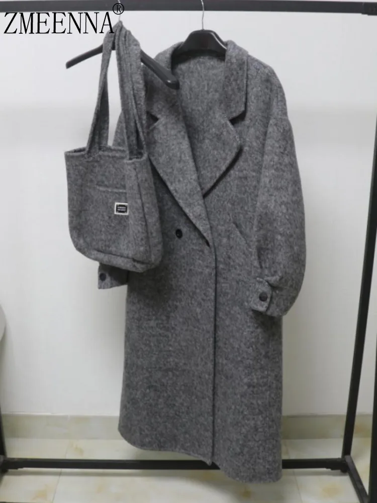 

ZMEENNA Womens Gray Wool Blend Long Coat Notched Lapel Double Breasted Winter Overcoat Loose Fit Outerwear ZM4300
