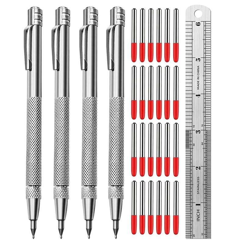 

Tungsten Carbide Scriber With Magnet, Metal Scribe, With Extra 24 Replacement Marking Tip And Steel Ruler Silver Metal 4PCS